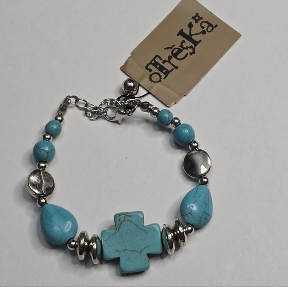 Treska Turquoise Cross Bracelet with Silver Accents Boho Jewelry New - Picture 1 of 5